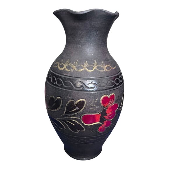 VINTAGE Red Floral Pottery Vase 9 1/2" Tall Gold Trim Ruffled Edge - Picture 2 of 9